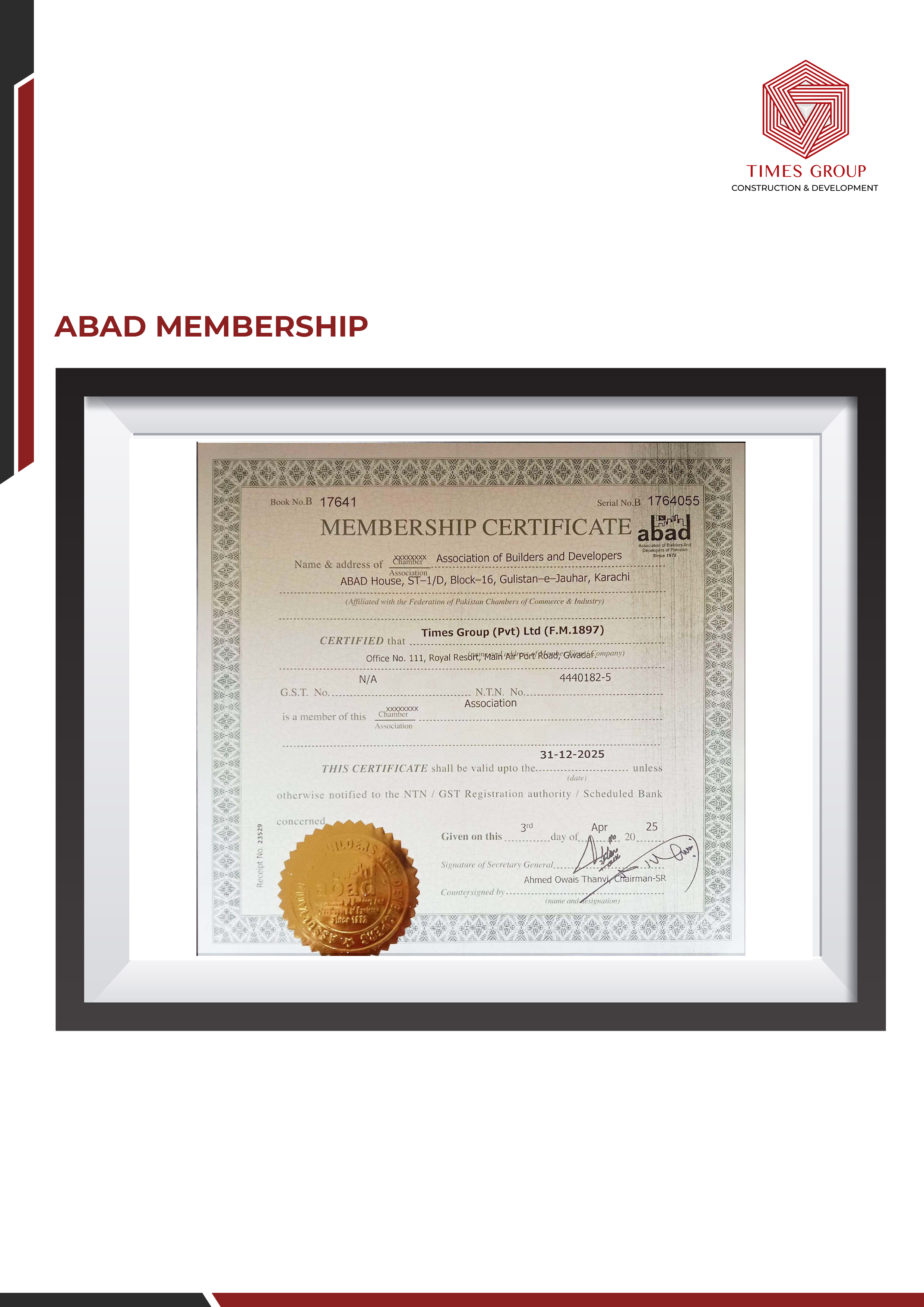 ABAD membership certificate